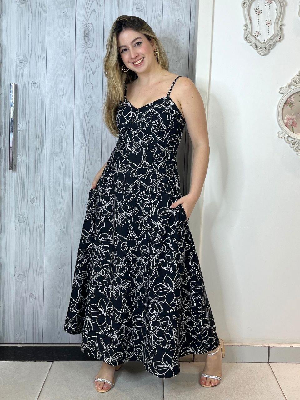 Vestido Midi Nesgas com Bolso Estampado Look Belle