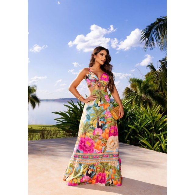 Vestido Floral Tropical Roupa Havaiana Vestido Longo Look Para