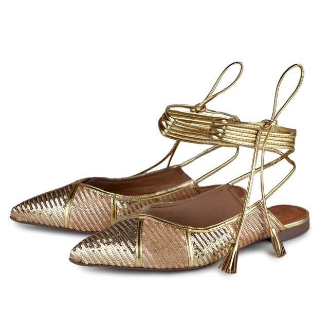 Slingback bordado em paetê com amarração Valentina Flats 373214  Ouro/Dourado