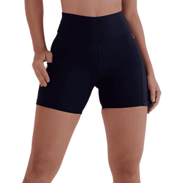 SHORT FITNESS DE TACTEL, COS ALTO DUPLO COM BOLSOS