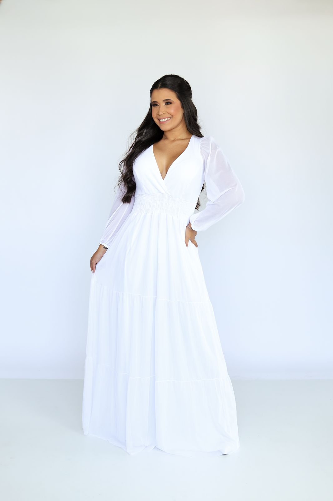 Vestido Branco Vestido Longo De Manga Vestidos Cerimónia Vestido