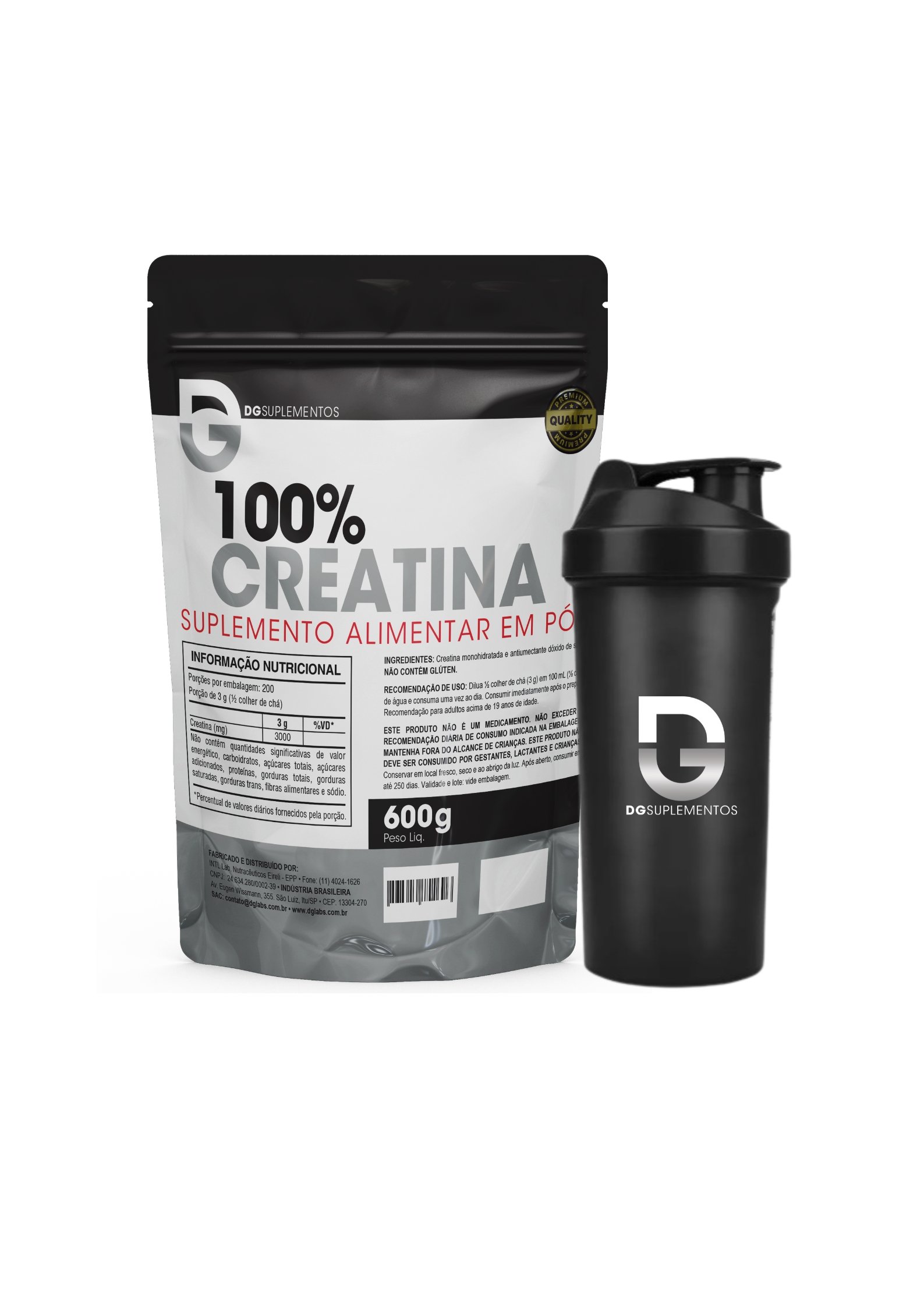 Kit 100% Creatina Pura 600g + Coqueteleira 600ml | DG LABS