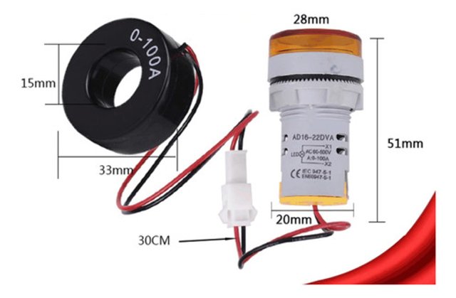 Amperímetro Digital Sinalizador 100a 22mm Vermelho Com Tc | TekniMas