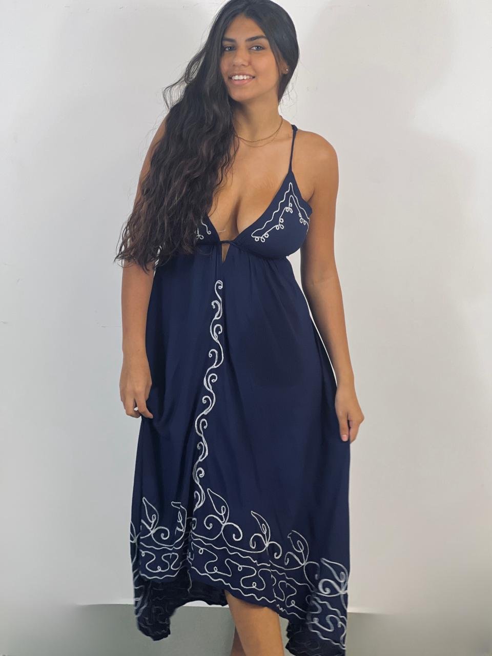 Vestido Pontas Bordado - Azul Marinho