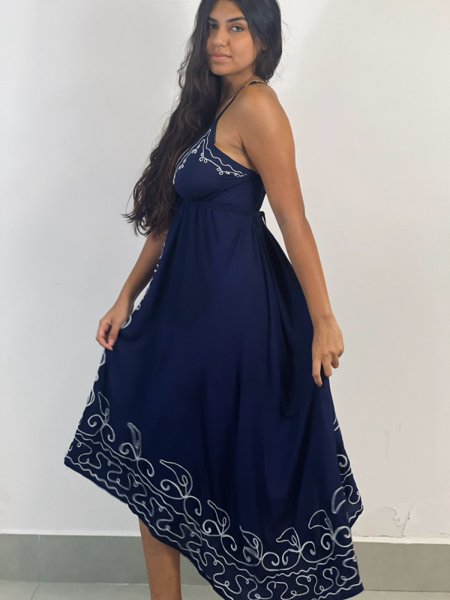 Vestido Pontas Bordado - Azul Marinho