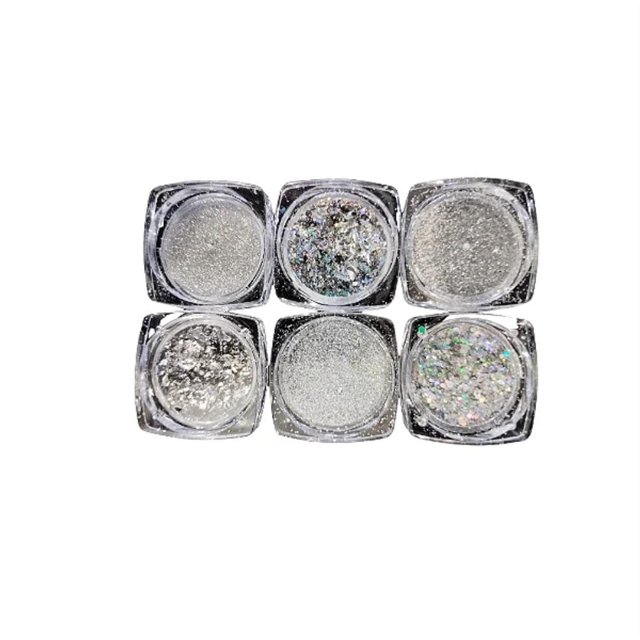 Kit Gliter Efeito Cromado 6 Cápsulas Prata Foil Powder Series