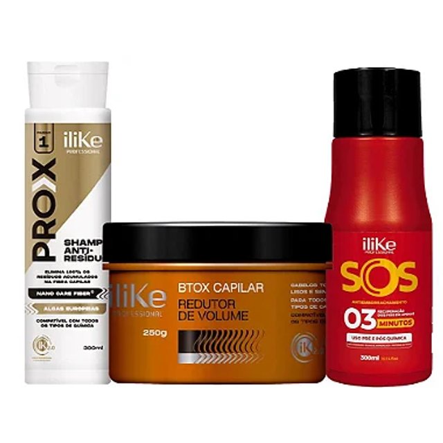 iLike Btx Capilar 250g + SOS Antiemborrachamento 300ml + Shampoo Anti-Resíduo 300ml