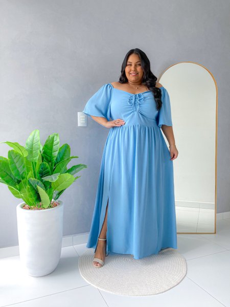 Vestido longo Azul Serenity com regulagem no busto, lastex na