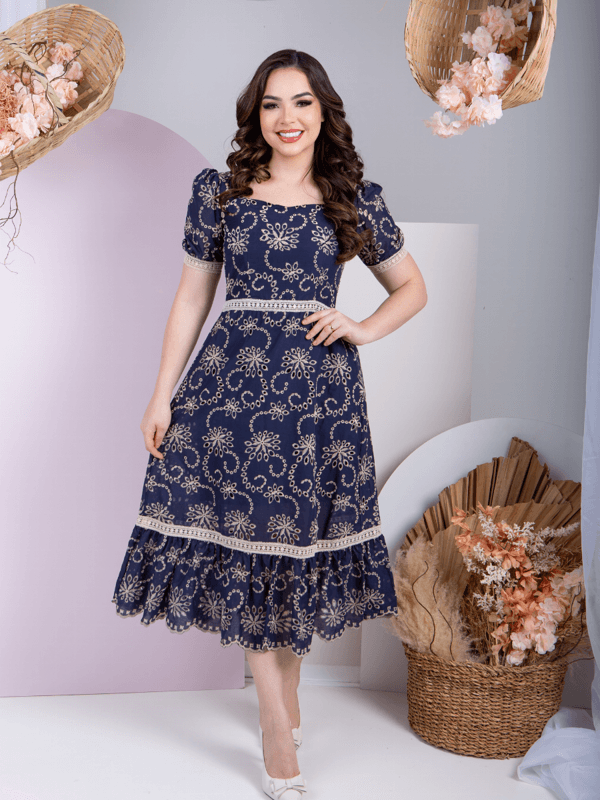 Vestido Midi Elegante Social Lese Algodão para Festa Decote