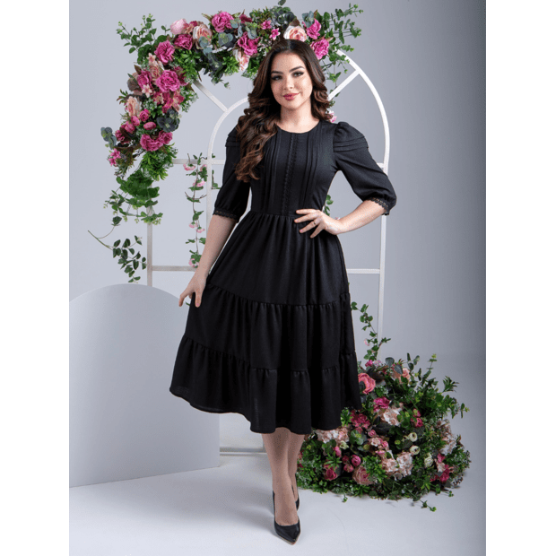 Vestidos Midi Elegante Festa Convidada com Manga e Guipir Sarah