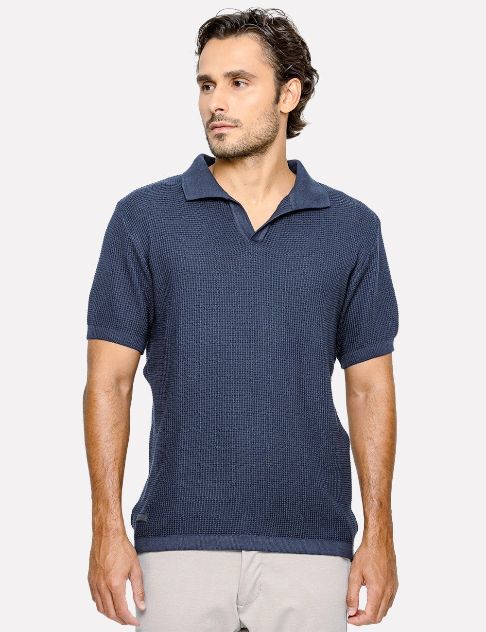 Polo K&J Black Masculina Regular Tricot Textura Quadrille Azul