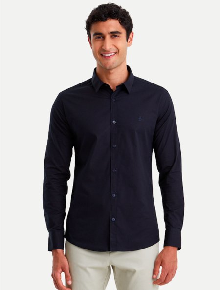 Camisa Original Penguin Social Masculina Slim ML BPWF0024 Azul