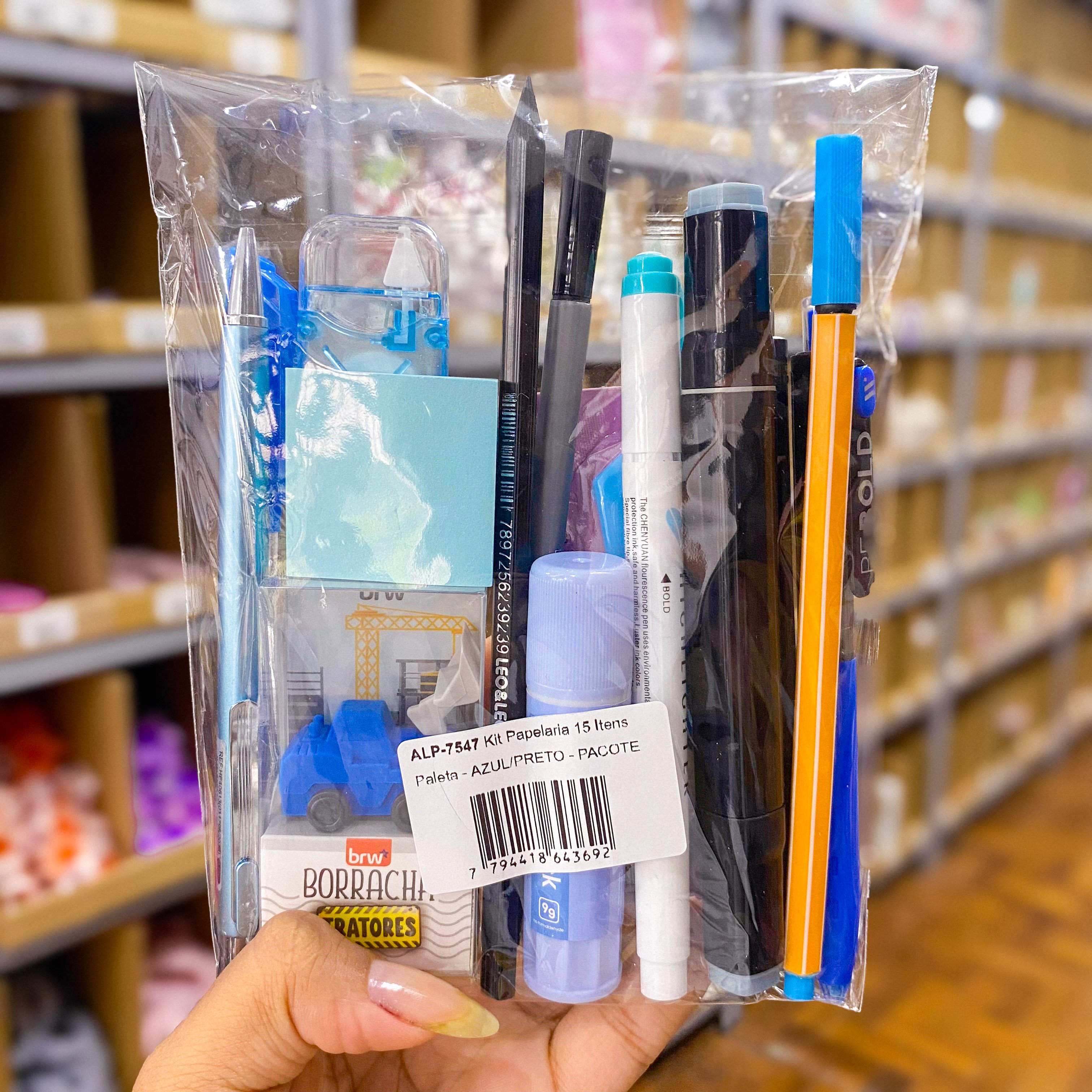 Kit Papelaria 15 Itens Paleta - AZUL/PRETO - PACOTE | Atacado Papelândia