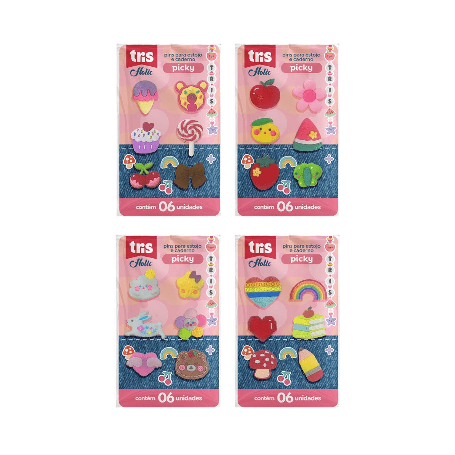 Pins Picky Holic Charm com 6 Pins - TRIS - BLISTER | Atacado Papelândia