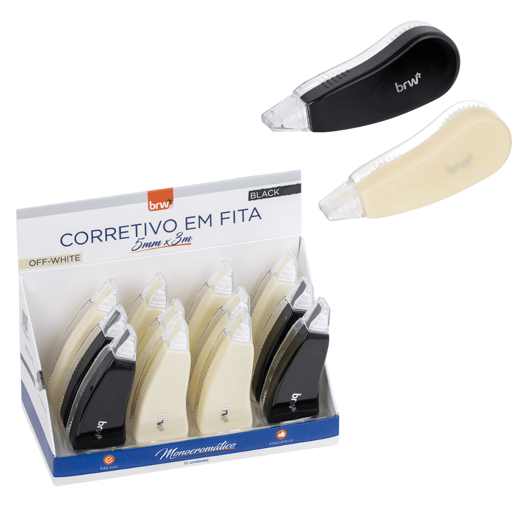 Corretivo em Fita Preto e Off White 5mmx3m BRW - UND | Atacado Papelândia