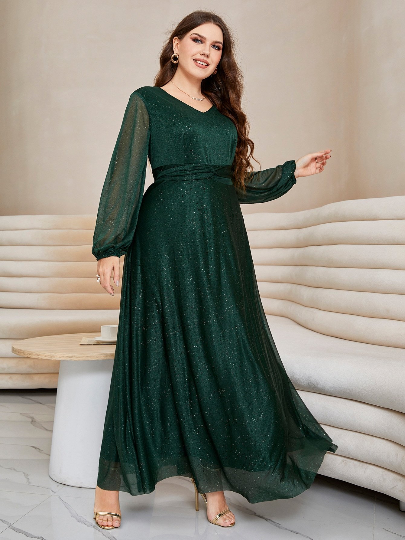 Plus Size Vestido Festa Manga Comprida Longo Verde Menta Festa