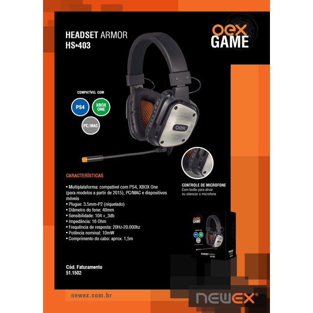 Headset Gamer OEX Armour Hs403 P/ PS4, Xbox One e PC