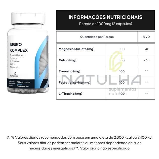 NeuroComplex (Fosfatidilserina, Treonato, Lisina, Colina)  60 cápsulas - Natulha