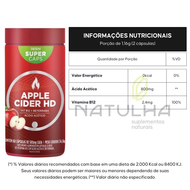 Apple Cider HD (Vinagre de Maçã, Beterraba e B12) 60 cápsulas - Desinchá