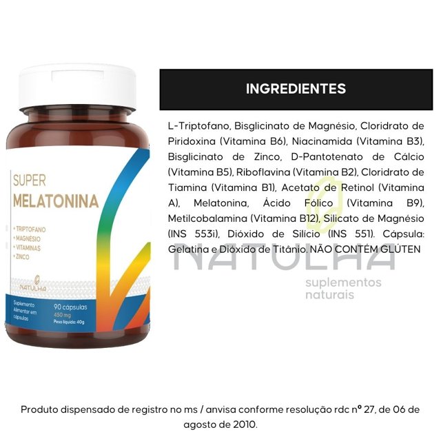 Super Melatonina com Triptofano, Magnésio, Zinco e Vitaminas 90 cápsulas - Natulha