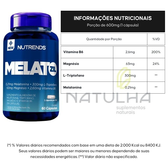 Melatozil ( Melatonina + Triptofano + Magnésio e Vitamina B6) 60 cápsulas - Nutrends