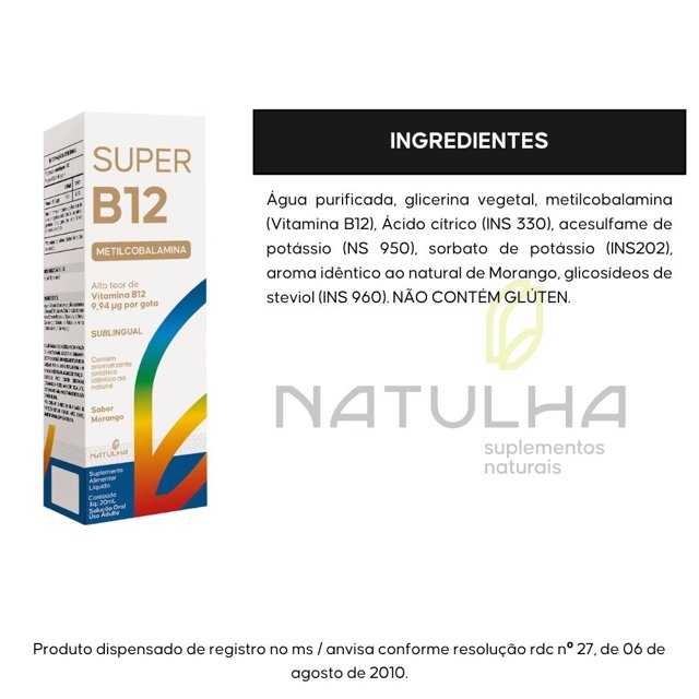 Super Vitamina B12 Metilcobalamina Sublingual 20ml - Natulha
