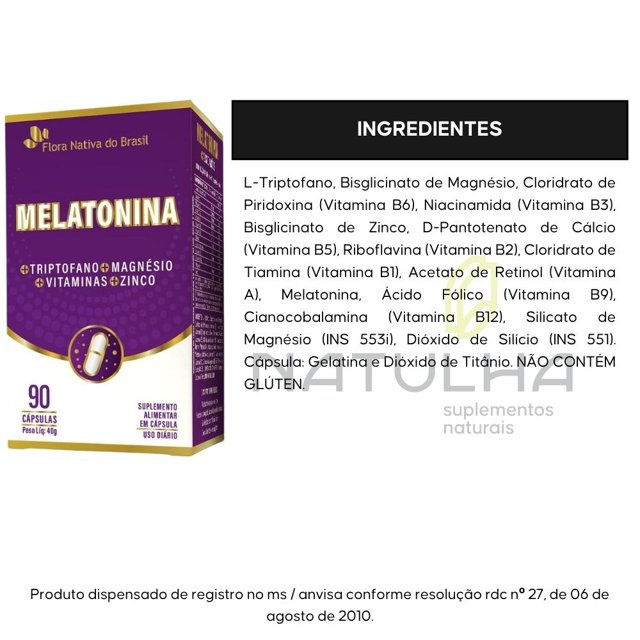 Melatonina + Triptofano, Magnésio, Zinco e Vitaminas 90 Cápsulas - Flora Nativa