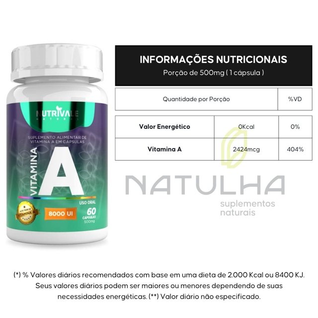 Vitamina A (Retinol)  8000 UI 60 cápsulas - Nutrivale