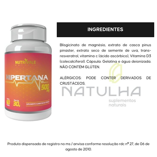 Hipertana (Resveratrol, Pinus Pinaster, Semente de Uva, Magnésio e Vitaminas) 60 cápsulas - Nutrivale