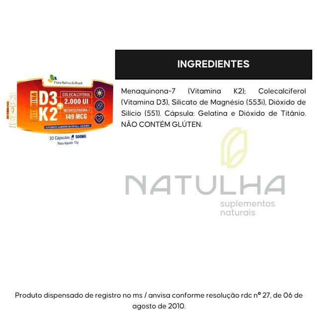 Vitamina k2 (Mk-7) + Vitamina D3 30 cápsulas - Flora Nativa