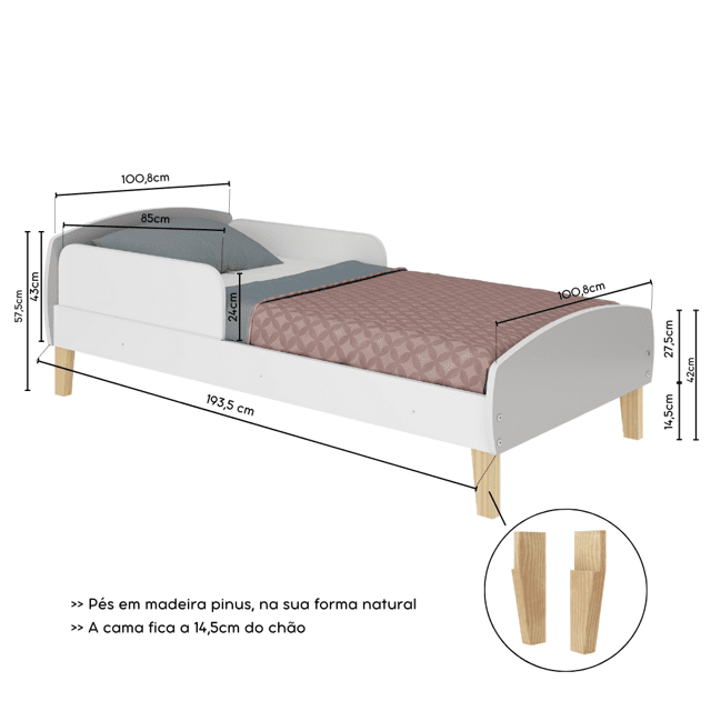 Cama solteiro Montessori com duas proteção lateral - Aurora/