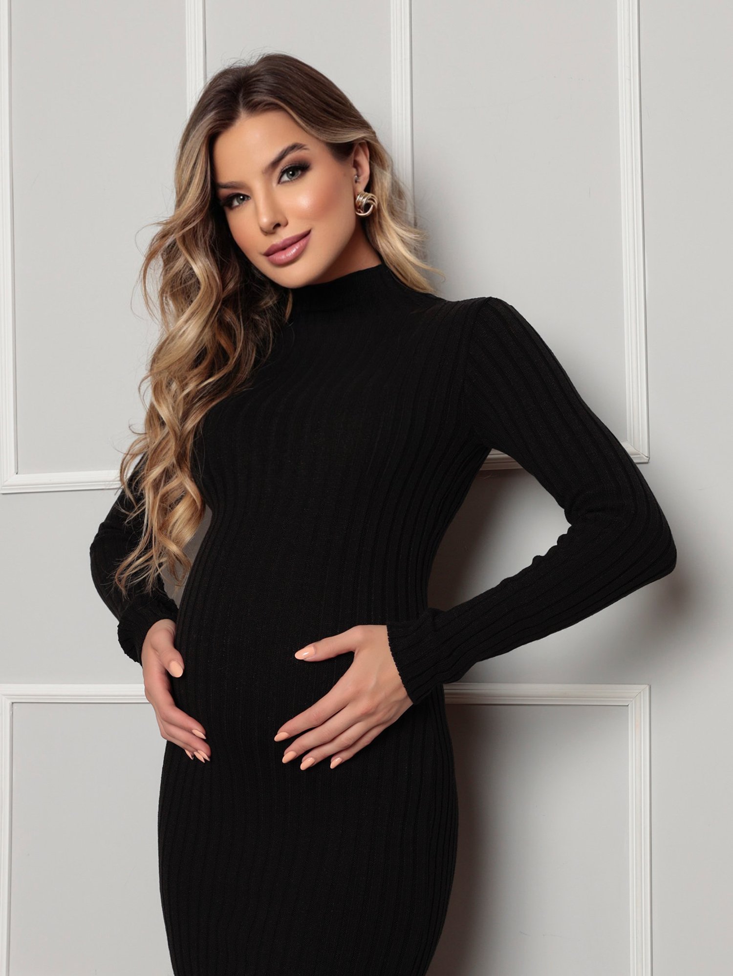 Vestido Tricot Gestante Até 6 Meses Canelado Inverno Manga Longa ...