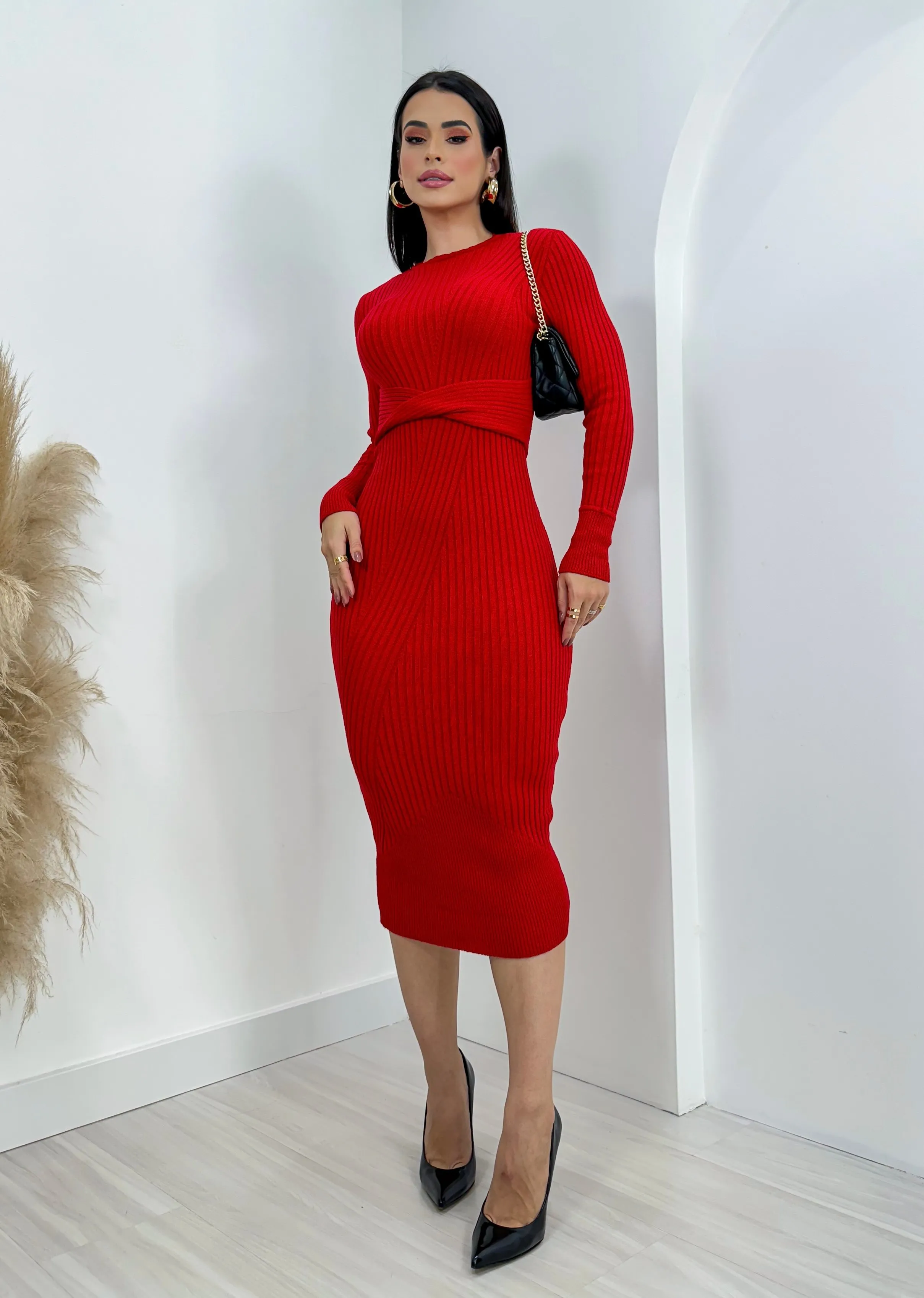 Vestido Tricot Modal Vermelho Vestido Inverno Tricot Modal Manga