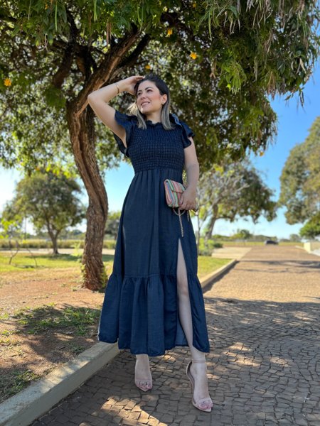 Vestido jeans fashion com fenda