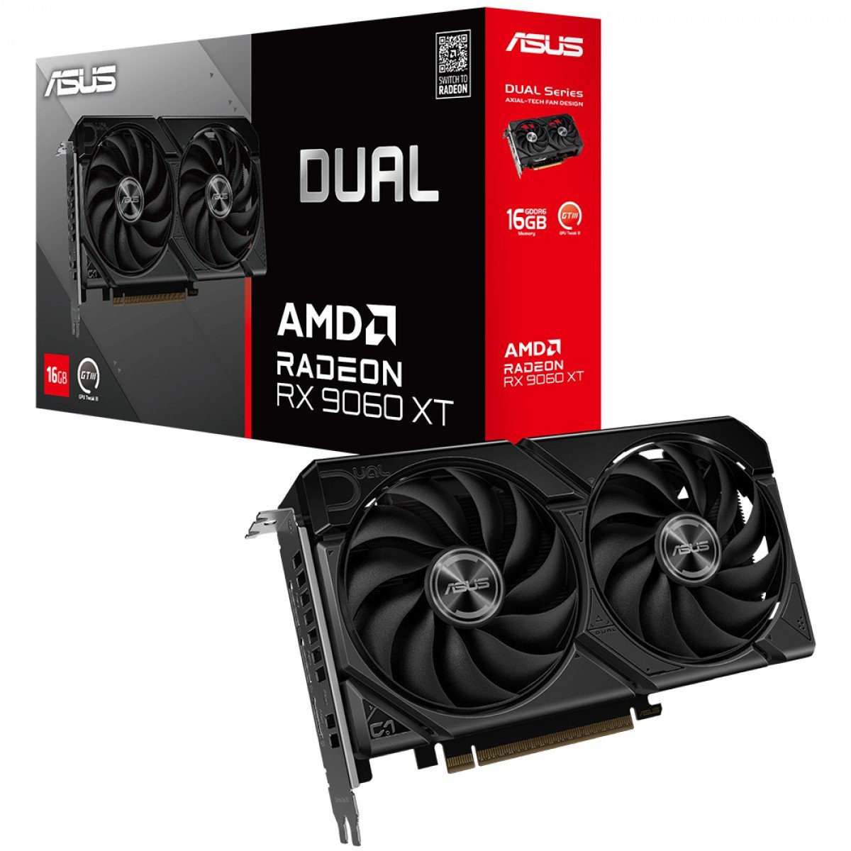 RX 9060 XT 16GB GDDR6ビデオカード Placa de Vídeo RX 9060 XT 16GB Asus AMD Radeon Dual, GDDR6, FSR