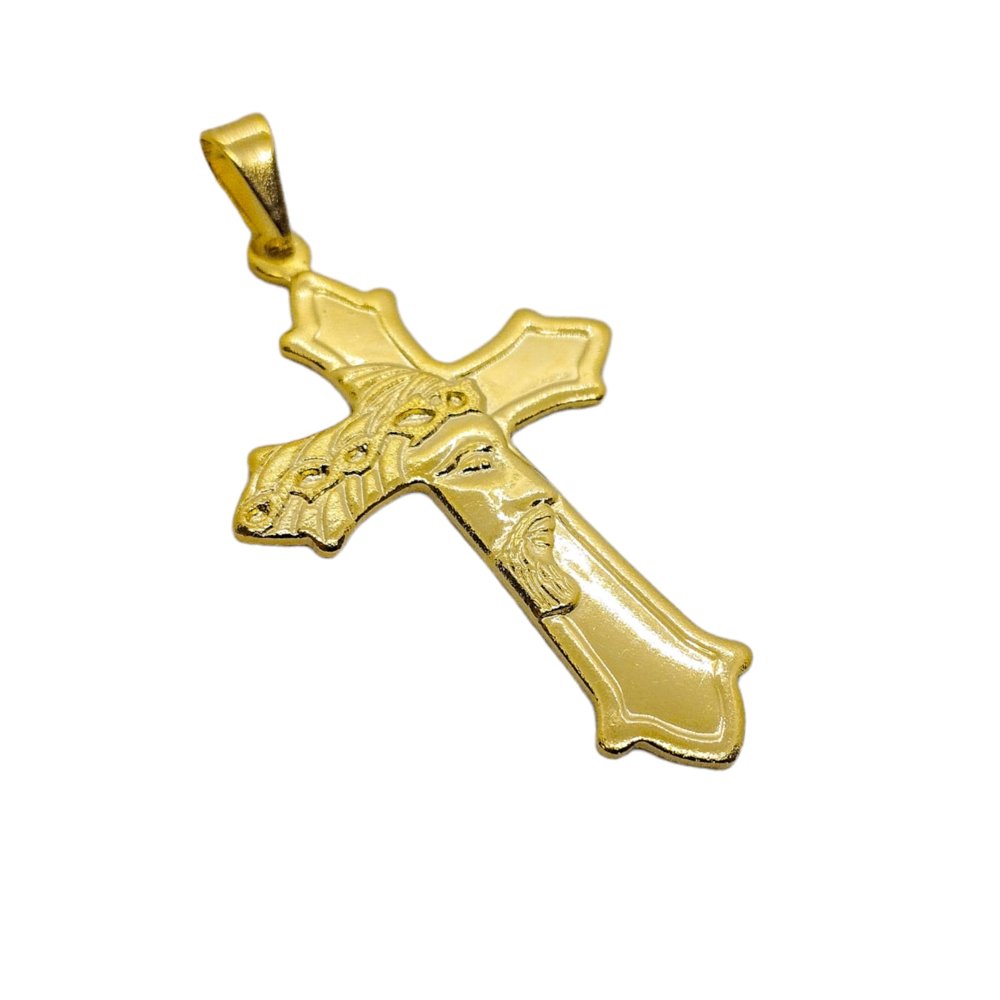 Pingente Cruz Com Imagem Esculpida de Jesus Banho Ouro 18K / Prata 925