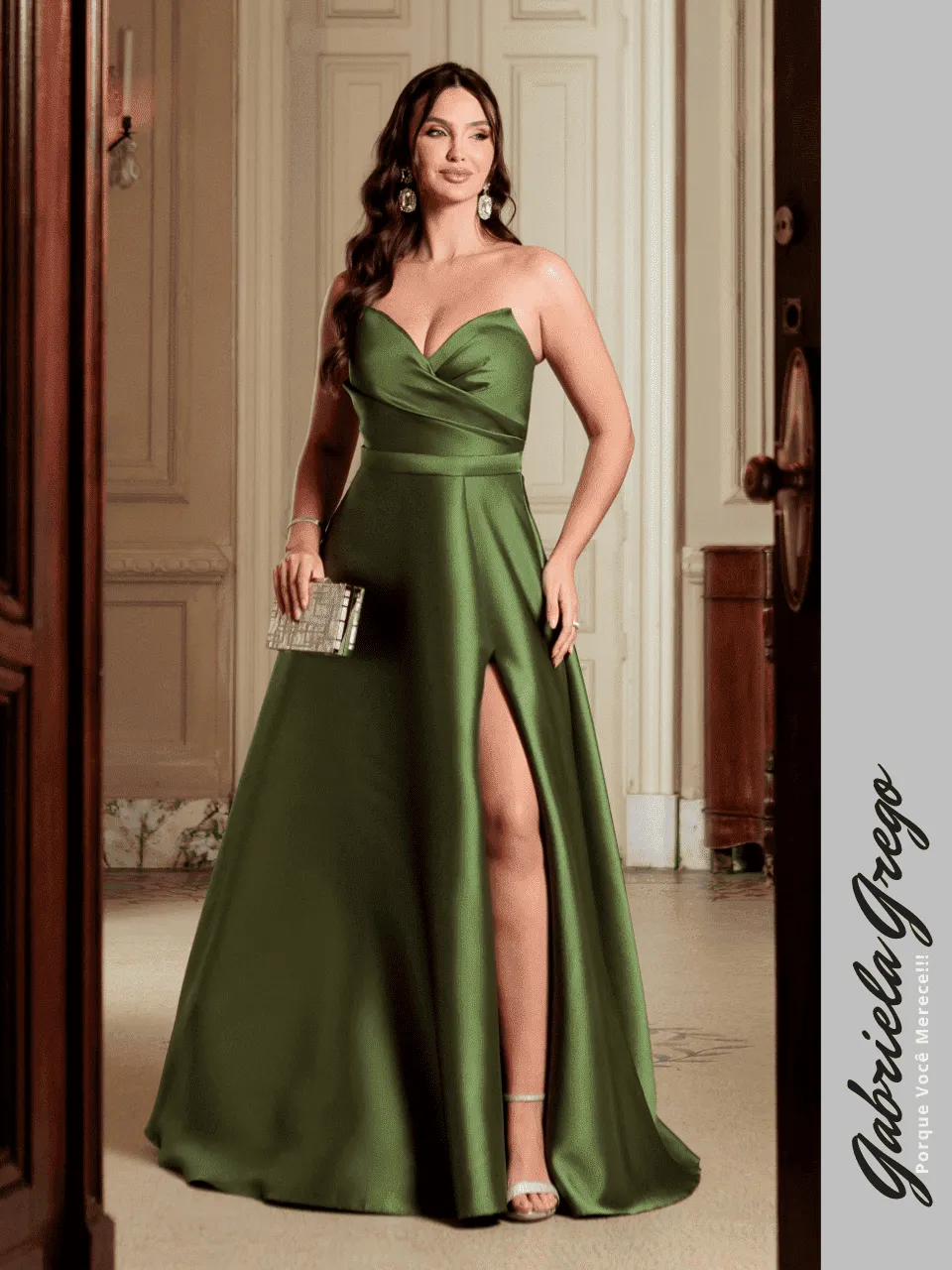 Vestido de Festa Longo Verde Oliva Tomara Que Caia Com Fenda na
