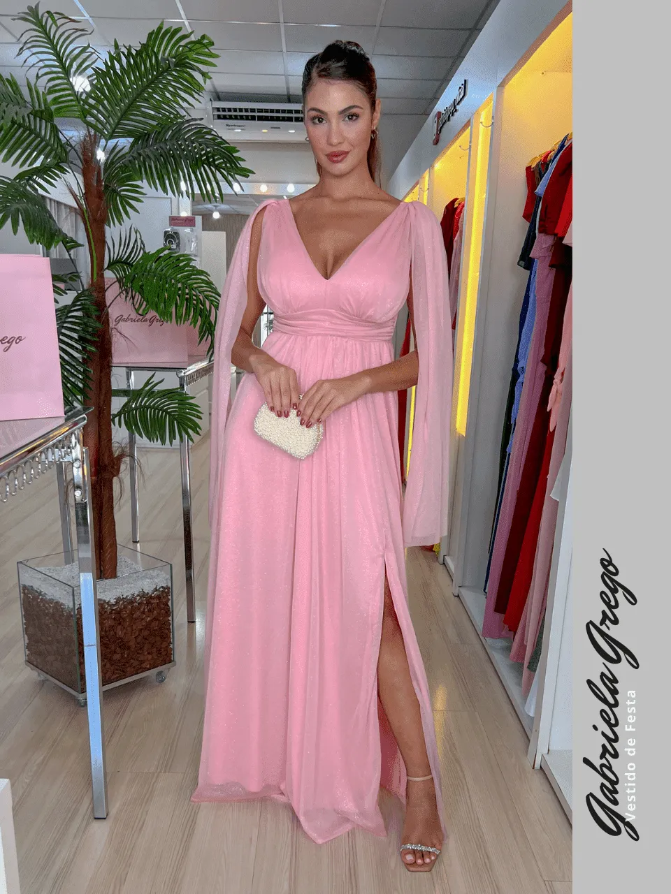 Vestido de Festa Longo Rosa Baby, Laço no Ombro em Tule de Brilho