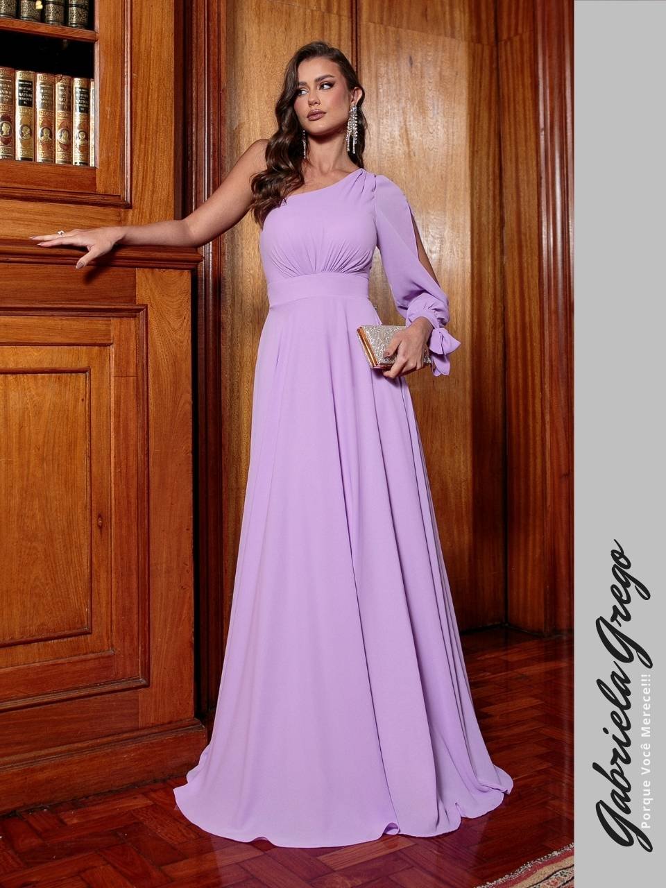 Vestido de Festa Longo Lilás em Chiffon Manga Nula Longa Com