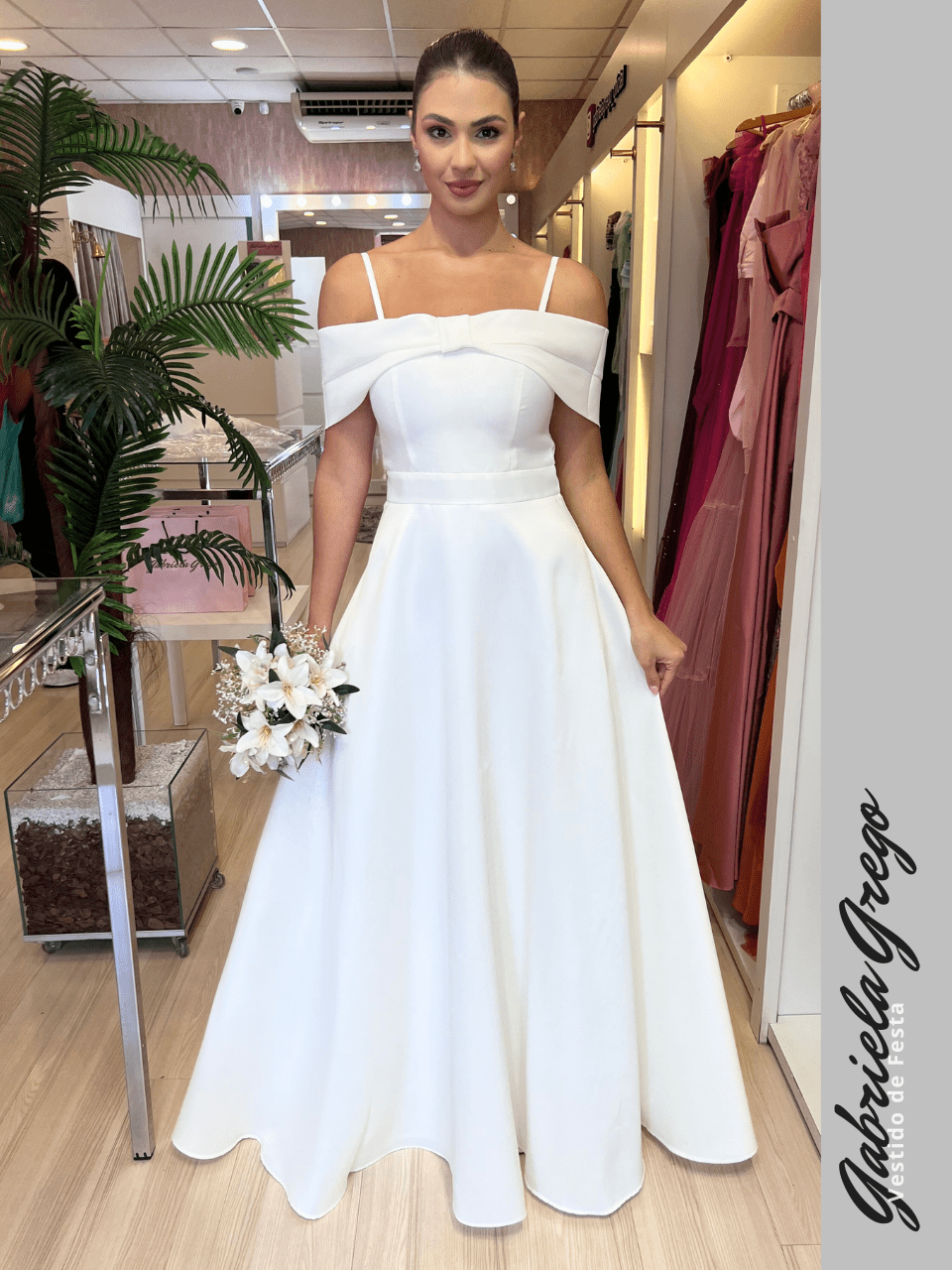 Vestido de Noiva Longo Off White De alça e Laço Solto Indicado