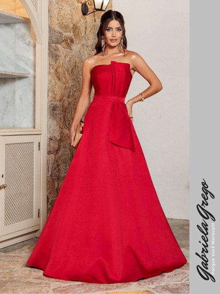 Vestido de Festa Longo Vermelho de Zibeline Com Laço na Cintura