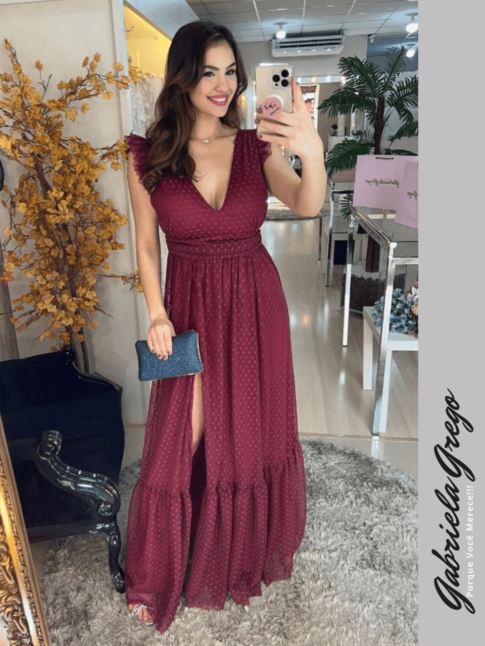 Vestido de Festa Longo Marsala Ocre de Tule Poá com Fenda na Saia