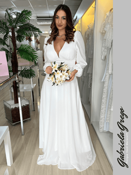 Vestido de Noiva Longo Branco com Manga Longa Bufante Indicado