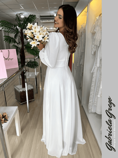 Vestido de Noiva Longo Branco Com Manga Longa Bufante / Indicado Para Casamento Civil, Religioso e Pré Wedding