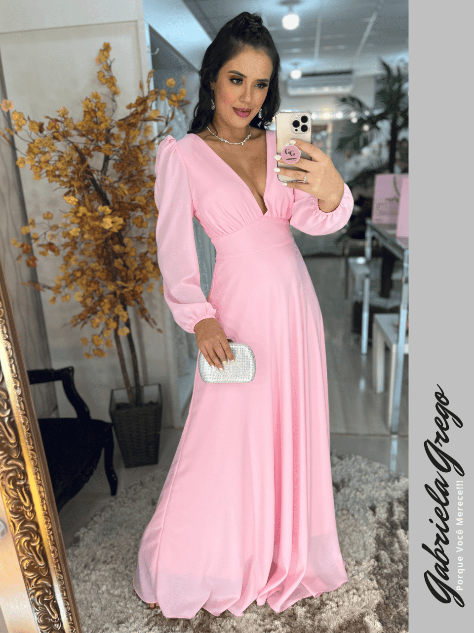Vestido Longo Rosa Baby com Manga Longa Bufante Gabriela Grego