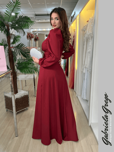 Vestido de Festa Longo Marsala com Manga Longa Bufante Gabriela