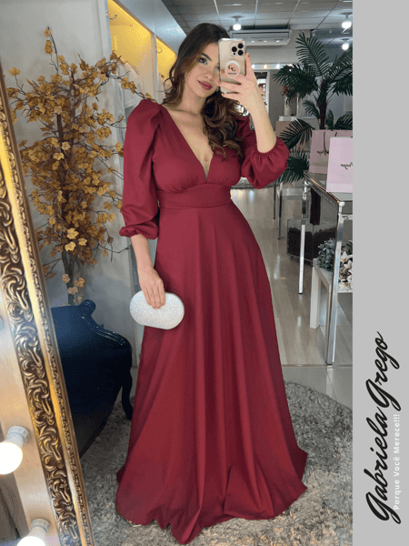 Vestido de Festa Longo Marsala com Manga Longa Bufante Gabriela