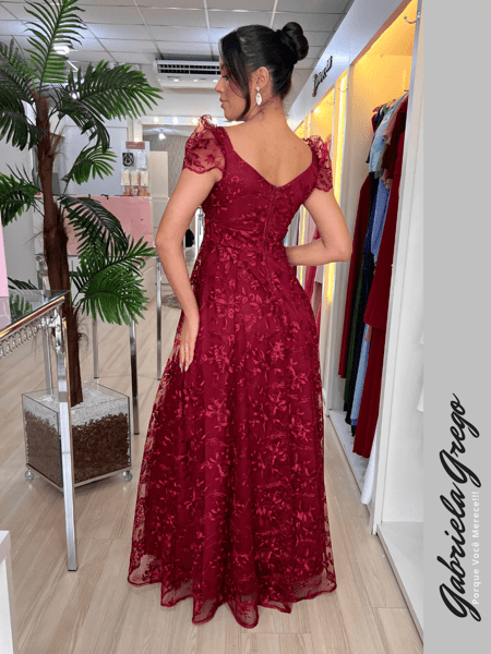 Vestido de Festa Longo Evase Marsala em Tule Rendado com Manga