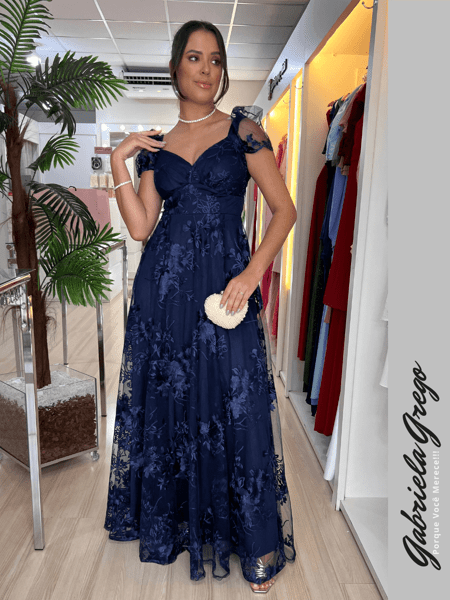 Vestido de Festa Longo Evasê Azul Marinho em Tule Rendado com