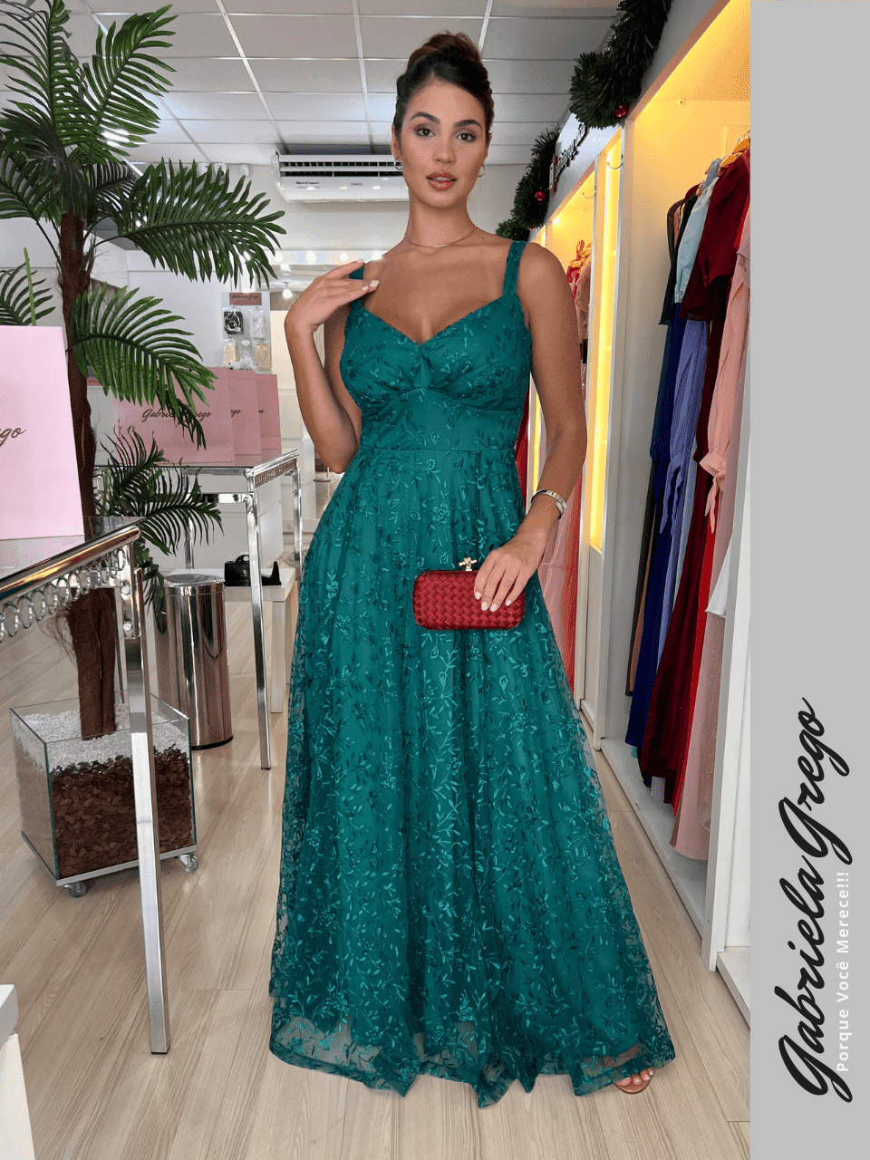 Vestido de Festa Longo Evase Verde Esmeralda em Tule Rendado com